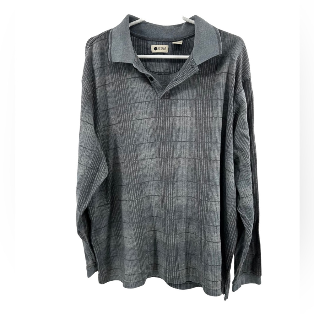 Haggar Blue and Gray long sleeve thick Polo Shirt XXL work office plaid - Picture 1 of 10